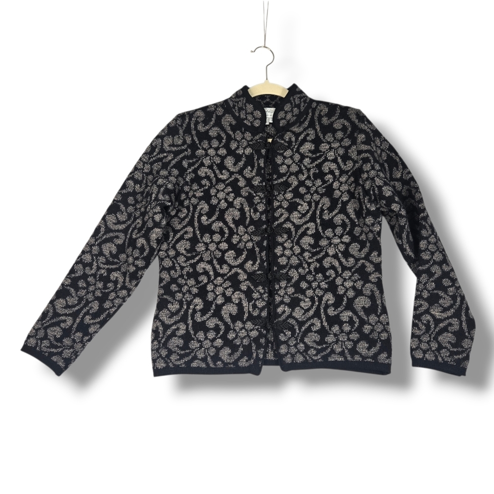 Cherry Lewis Sweater Jacket Size Small Wool Alpaca Black Grey Floral Print